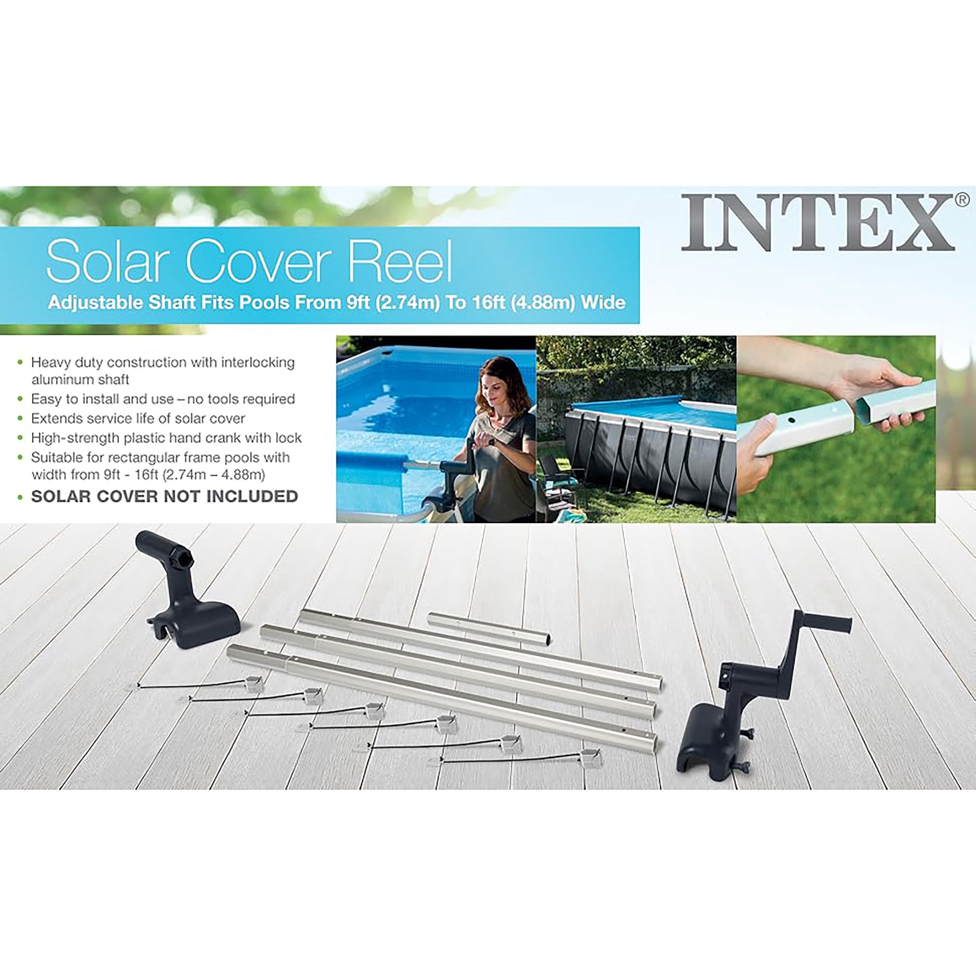 Intex: Solar Cover Reel - Fits 9-16' Rectangular Frame Pools, Interlocking Aluminum Adjustable Shaft, Hand Crank, Pool Accessory, Cover Not Included