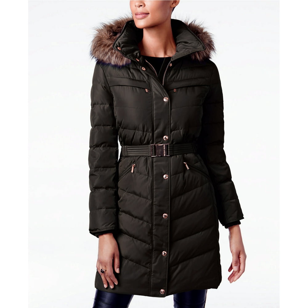 Michael Kors - Michael Kors Faux Fur Trim Belted Down Puffer Coat ...