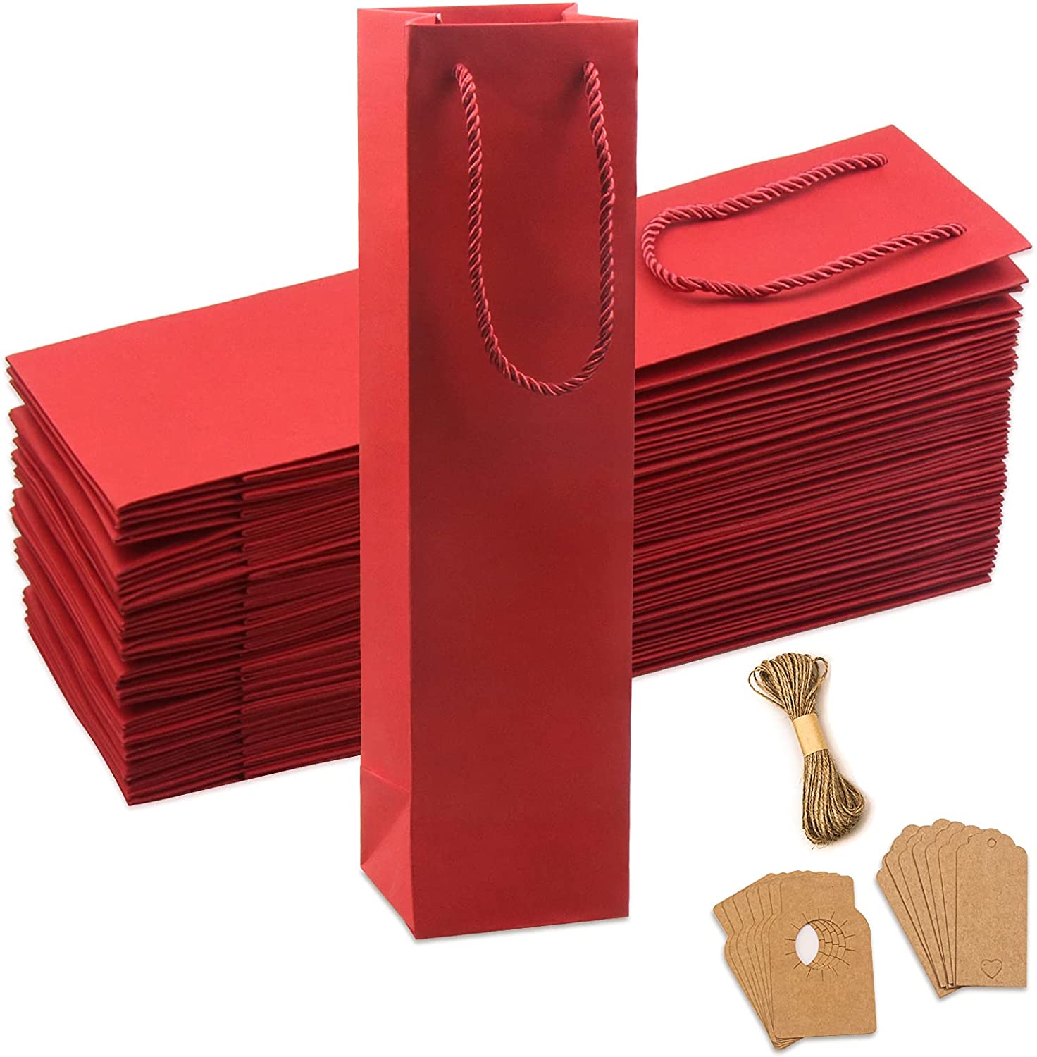 25 Pack Red Wine Gift Bags,Paper Wine Bag with Tags and Rope,Reusable Wine Bottle Packaging Bags