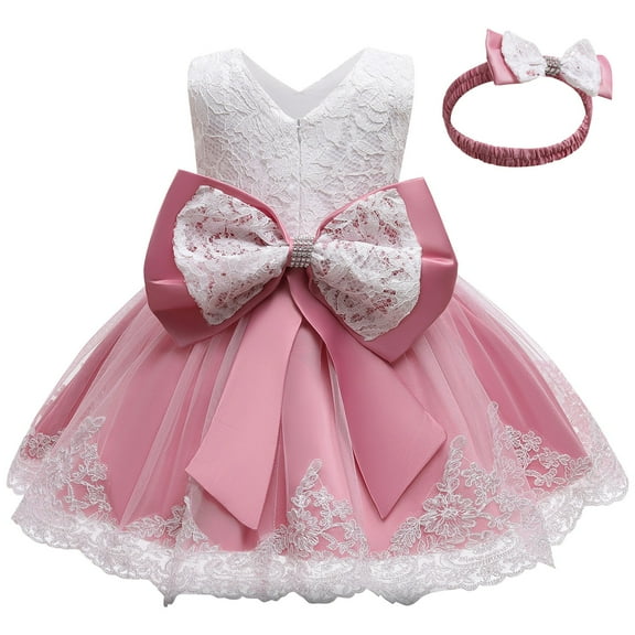 NOKIO Girls' Cold Shoulder Summer Dresses Baby Girls Ruffle Lace Backless With Headwear Bowknot Flower Dresses Pageant Party Wedding Baby Girl Christmas Dress