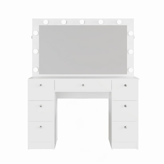 Ember Interiors Pam White Makeup Vanity Desk with Integrated Lights and Mirror