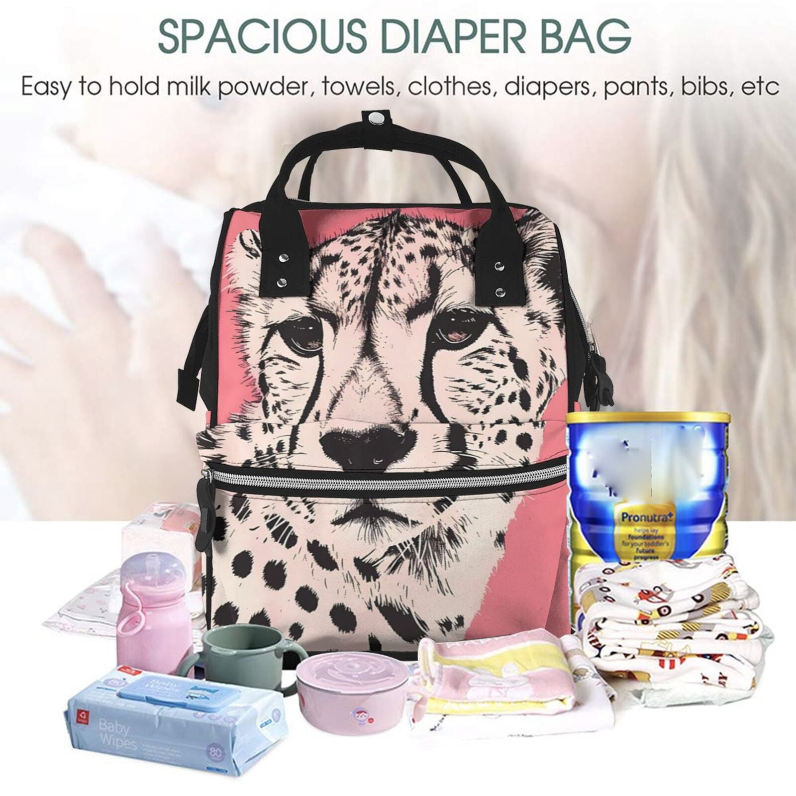Ratiio Pink Cheetah Art Mummy Backpack - Waterproof Twill Canvas, Large Capacity Diaper Bag with Multiple Pockets and Adjustable Straps