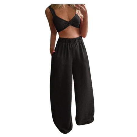 

Dillar Women Casual Solid Sleeveless Camis Tops+Long Pants 2 Piece Set Ladies Solid Color Bra Camisole Wide Leg Pants Set