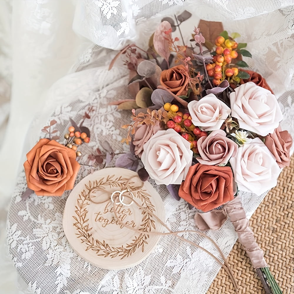 ACMDL  25pcs Simulation Flowers  Shades Of Burnt Orange Artificial Flowers For Outdoor Wedding Theme  Colors Fake Roses With Stem For DIY Outdoor Wedding Party Banquet Celebration Birthda