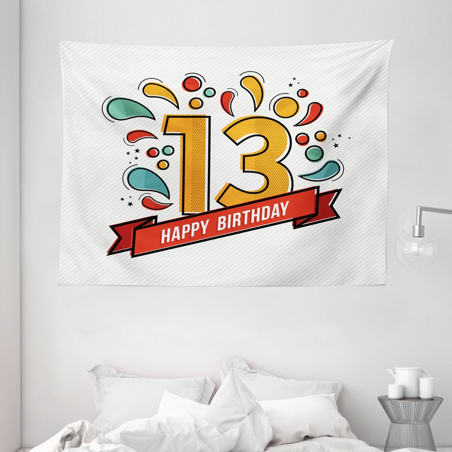 13th Birthday Decorations Tapestry, Modern Line Art Greeting for