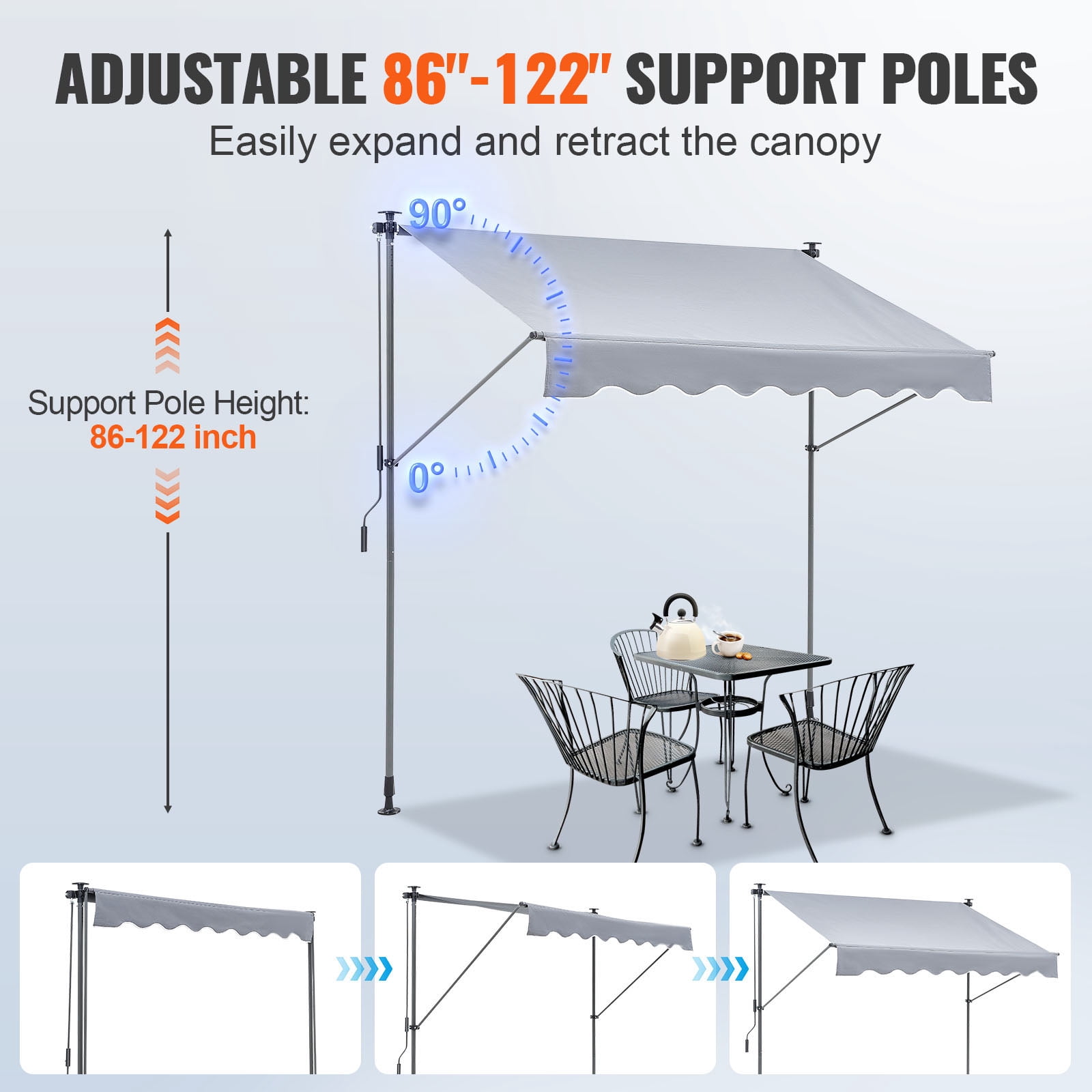 KFFKFF 118" x 47" Gray Manually Retractable Patio Awning, UV Resistant