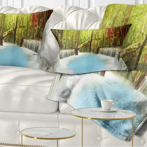 Designart Huai Mae Kamin Waterfall - Photography Throw Pillow - 12x20