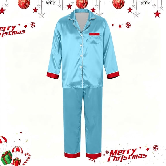 Huowey Matching Christmas Pajamas For Family Satin Button Down Tops And Pants Pajama Set Long Sleeve Lapel Mens 2 PC Soft Merry Christmas Holiday Family Outfit,Light Blue,XL