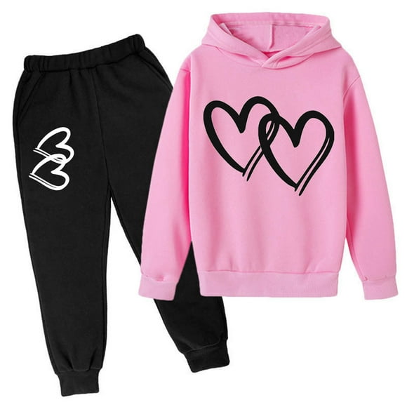PMVFHDE Young Girl Clothes Children's Valentine Heart Print Hoodie Set Girls Two Piece Outfits Sets Pink,5-6Years