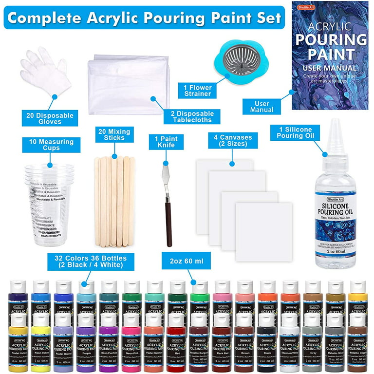 Acrylic Pouring Paint, Shuttle Art Set of 36 Bottles (2 oz/60ml) Pre-Mixed  High-Flow Acrylic Paint Pouring Supplies with Canvas, Silicone Oil,  Measuring Cups, Tablecloths, Complete Paint Pouring Kit 