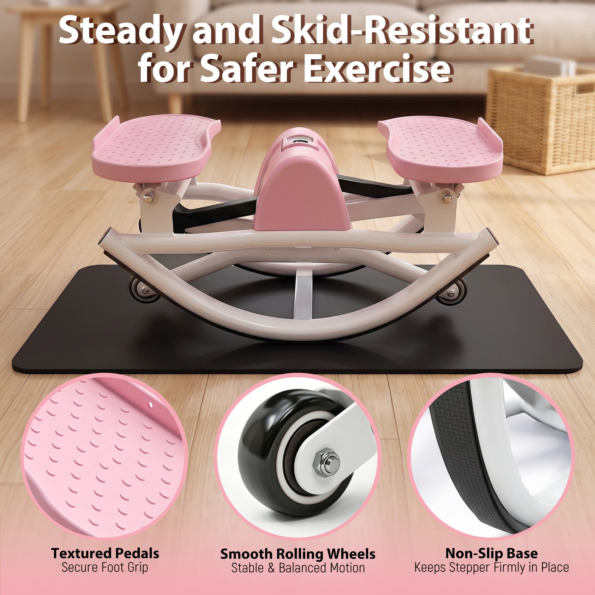 Leumius Rock Stepper for Exercise,Side-to-Side Stepper Machine with Resistance Bands & Digital Display,Foldable Mini Stepper for Home Workout,Pink