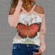 thumbnail image 2 of Moda mujer Casual manga larga fuera del hombro Halter cuello en V estampado de mariposa Top blusa Pompotops  gfhjh23076, 2 of 5