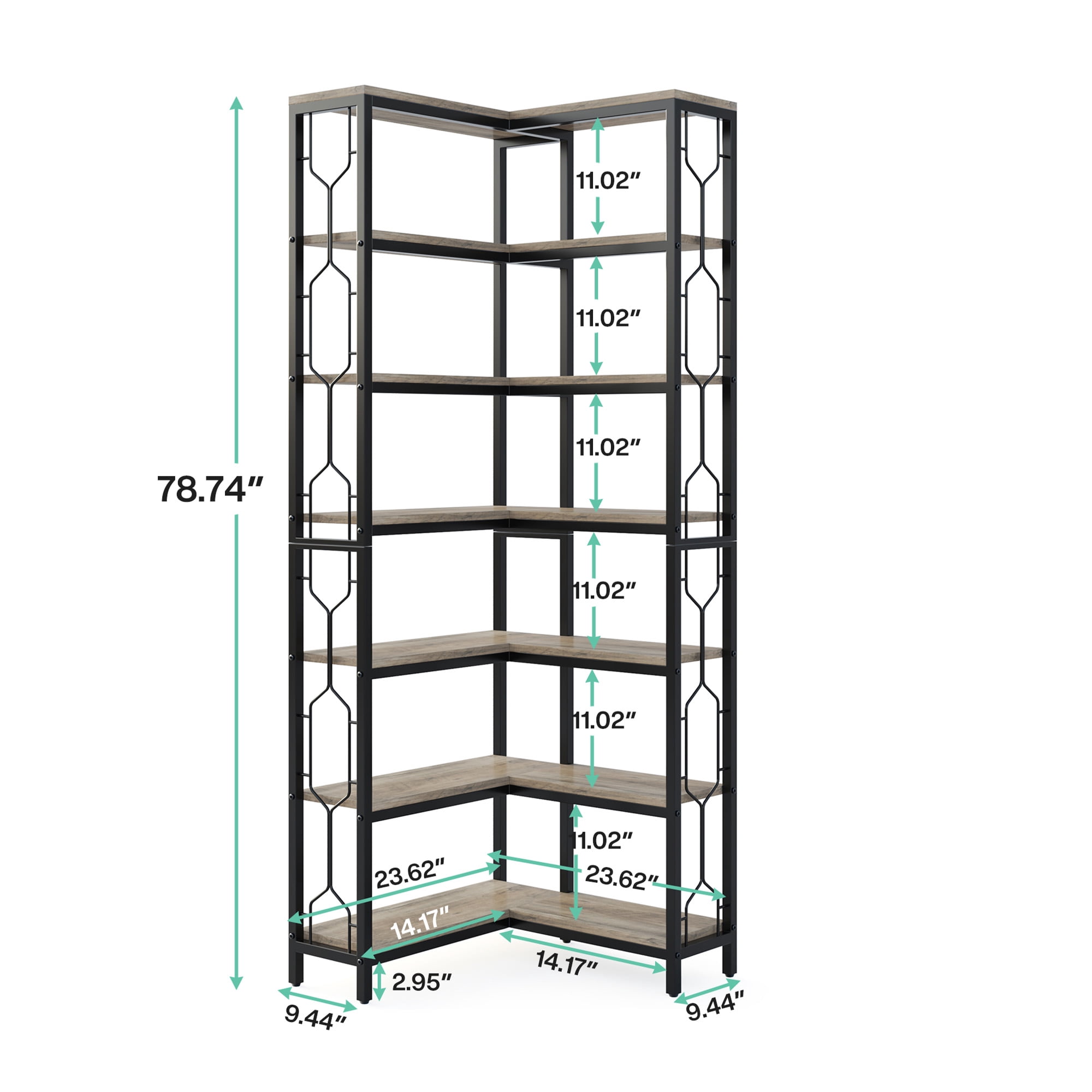 MAYEERTY Industrial 7-Tier Corner Bookcase, Hexagonal Storage Shelf with Side Railings, Particle Board & Metal Frame for Living Room