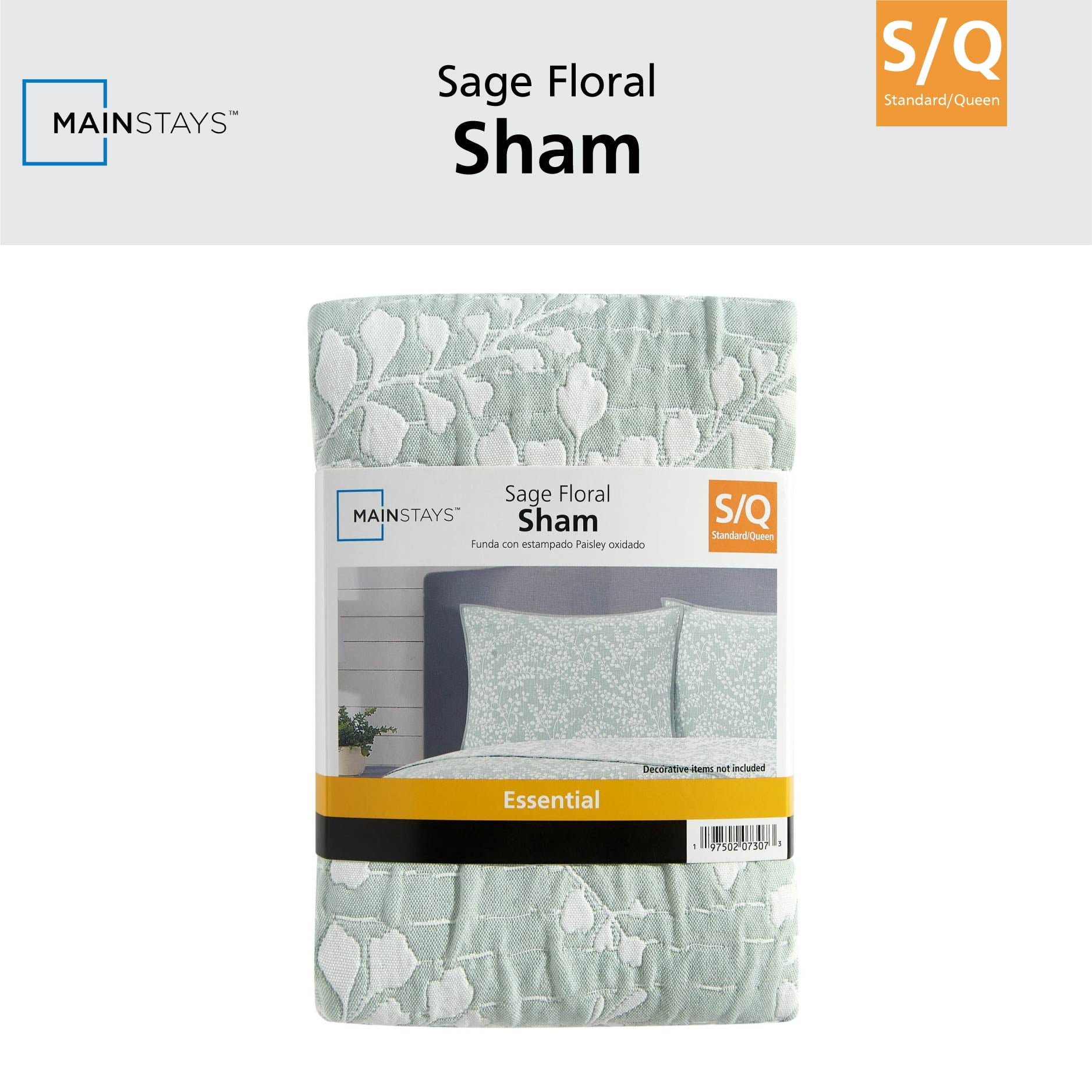 Mainstays Botanical Floral Stitched Pillow Sham, Standard, Light Green, 1 Pack