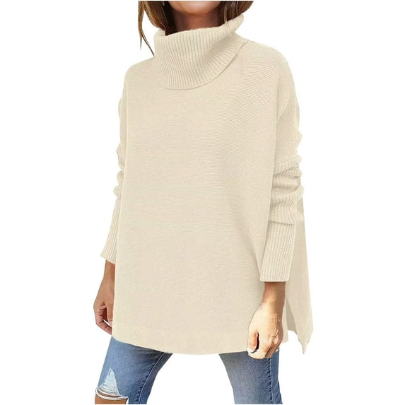 Hfyihgf Women's Turtleneck Oversized Sweaters Fall Winter Long Batwing Sleeve Spilt Hem Tunic Pullover Lightweight Knit Tunic Sweater Tops Beige S