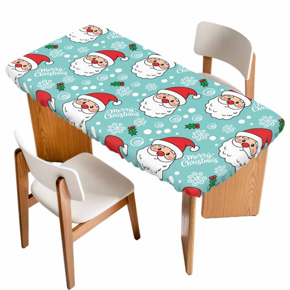 Merry Christmas Table Cloths for 5 Foot Rectangle Tables, Santa Claus Xmas Winter Leaves Snowflake Blue Patio Waterproof Elastic Fitted Tablecloths, Washable Rectangular Table Cover for Camping