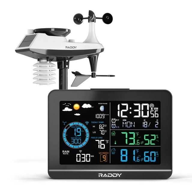 Raddy UV-6 Professional Weather Station with 6" VA Display and Outdoor Sensor, Wireless Indoor Outdoor Temperature & Humidity Monitor, Atomic Cl