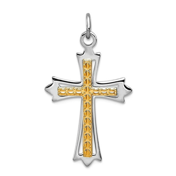 925 Sterling Silver Solid Textured Polished and 18k Gold Plated Religious Faith Cross Pendant Necklace 27x18mm Wide Pend
