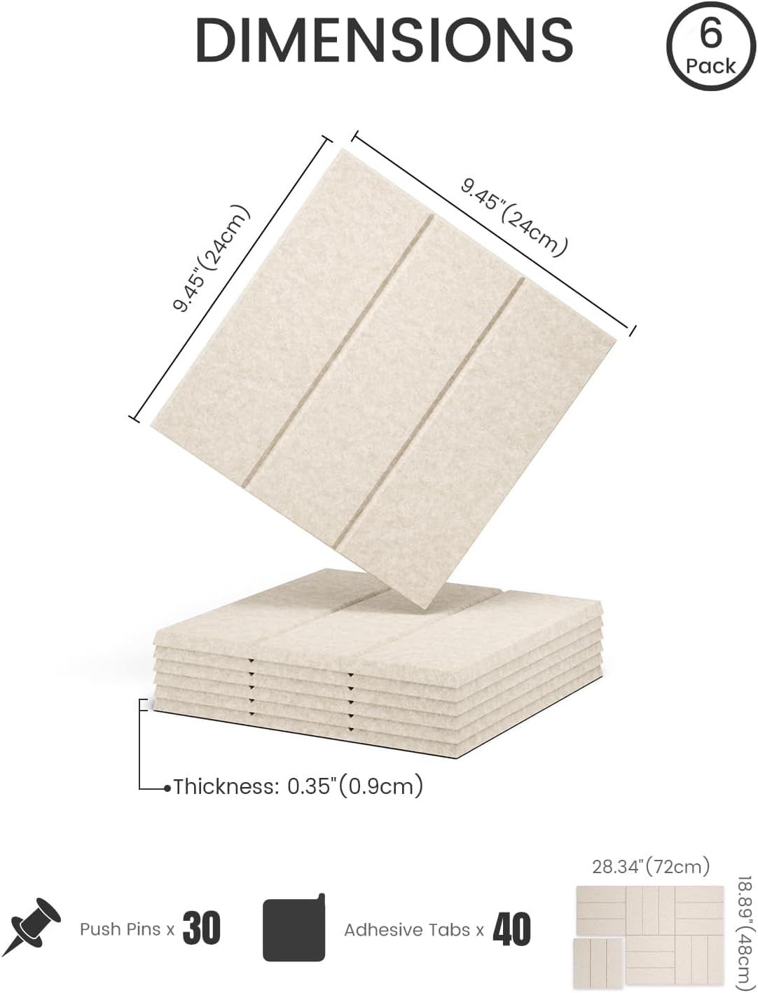 Felt Bulletin Board Tiles -28"x18" with 40 Adhesive Tabs, Cork Board Alternative for Office Decor, Push Pin Board Wall Organizer 6-Pack (Oatmeal)