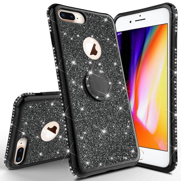 Noir iPhone 7 Plus Case, iPhone 8 Plus Case w/[Temper Glass] Glitter Cute Phone Case Kickstand, Bling Diamond Bumper Ring Stand Protective iPhone 7 Plus/ 8