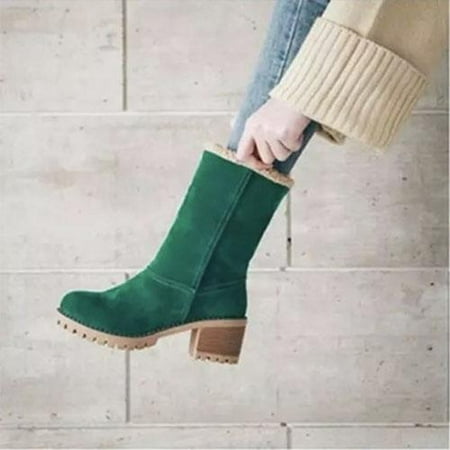 

New winter women s shoes thick-heeled high-heeled snow boots two wear plus velvet warm mid-boots cotton shoes green 40