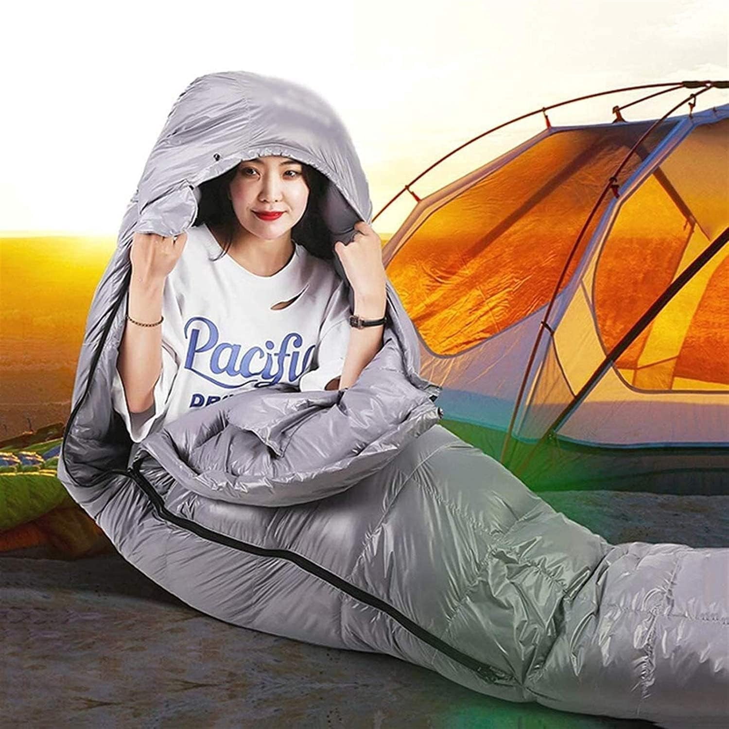Sleeping Bag Adults Kids for Camping Hiking Trips Warm Cool Weather Lightweight and Waterproof Portable Sleeping Bag Indoors Outdoors Activities Grey