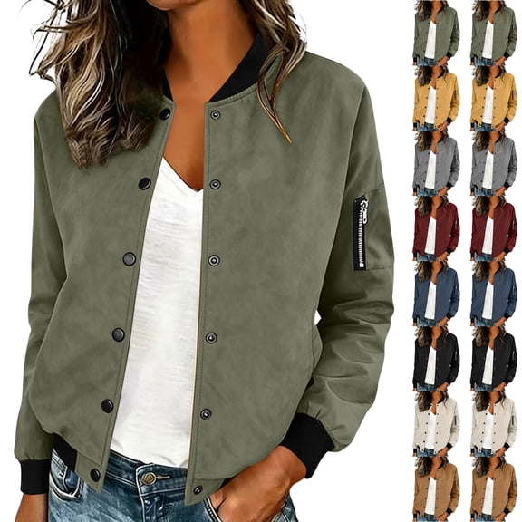 Women's Bomber Jackets Lightweight Button Down Casual Spring Fall Long Sleeve Windbreaker Jacket with Pockets