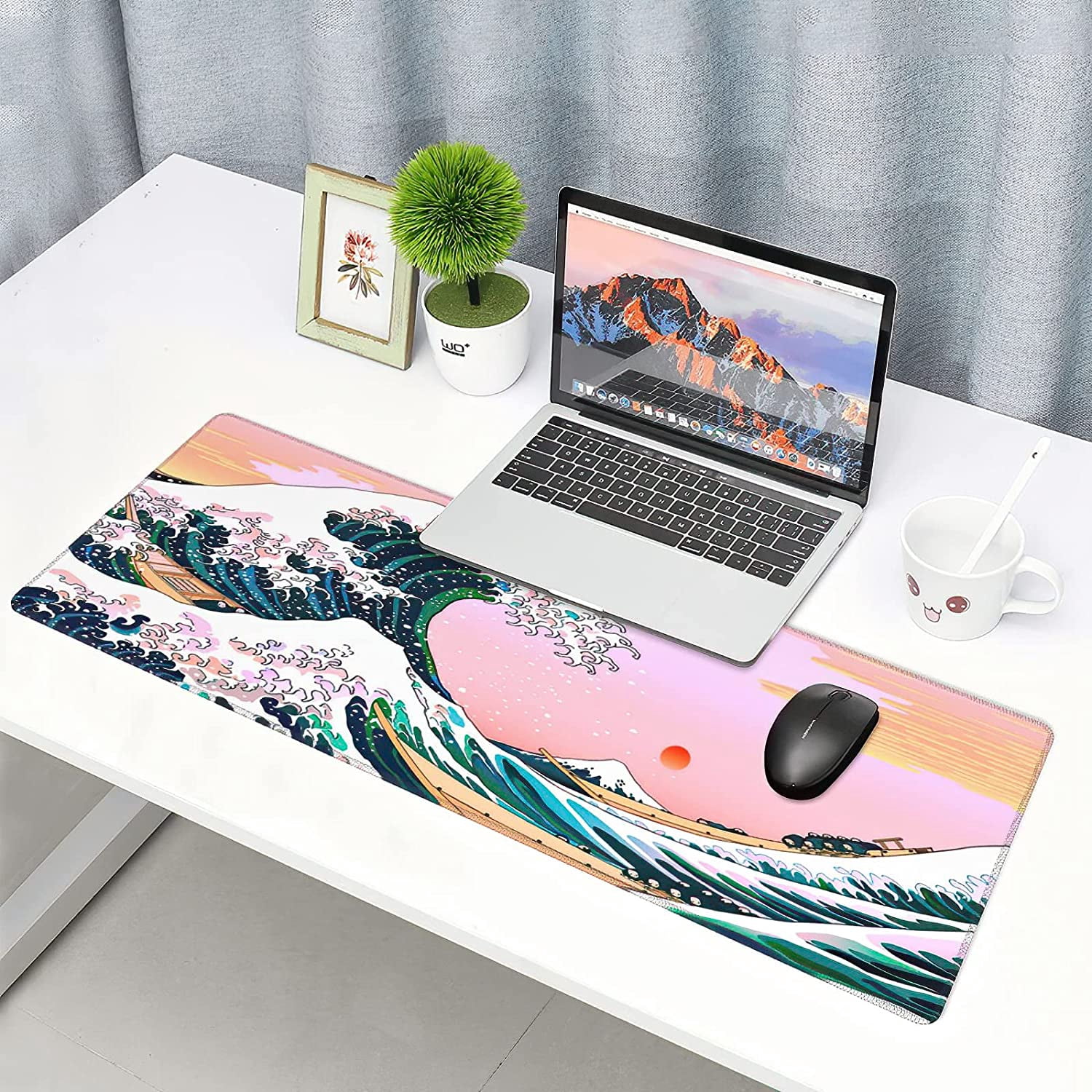 Pink Mouse Pad Japanese Wave Gaming Mousepad XL Anime Sunset Extended Large Desk Cover Big Table Mat Non-Slip Rubber Base Stitched Edge Long Keyboard Playmat for Laptop Gamer Office,31.5×11.8 in