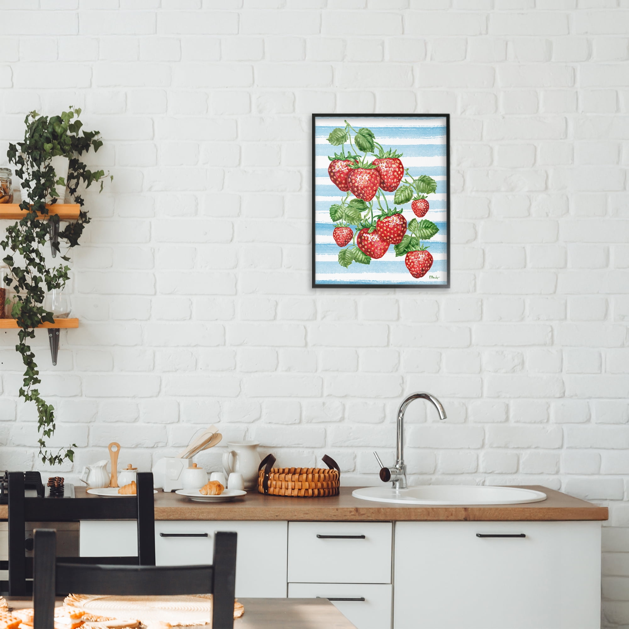 Stupell Industries Juicy Strawberry Vine on Stripes Black Framed Giclee Art, design by Paul Brent