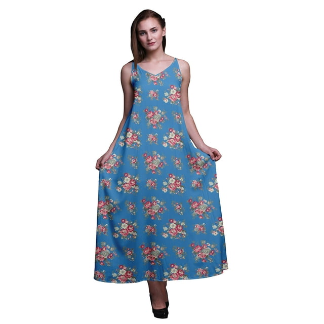 Bimba Robe Longue Sans Manches à Bretelles Spaghetti Imprimée Florale en Rayonne pour Femmes - Grande Taille