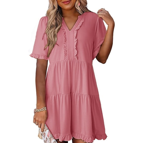 Womens V Neck Ruffle Short Sleeve Babydoll Mini Dress Casual A Line Dress for Summer