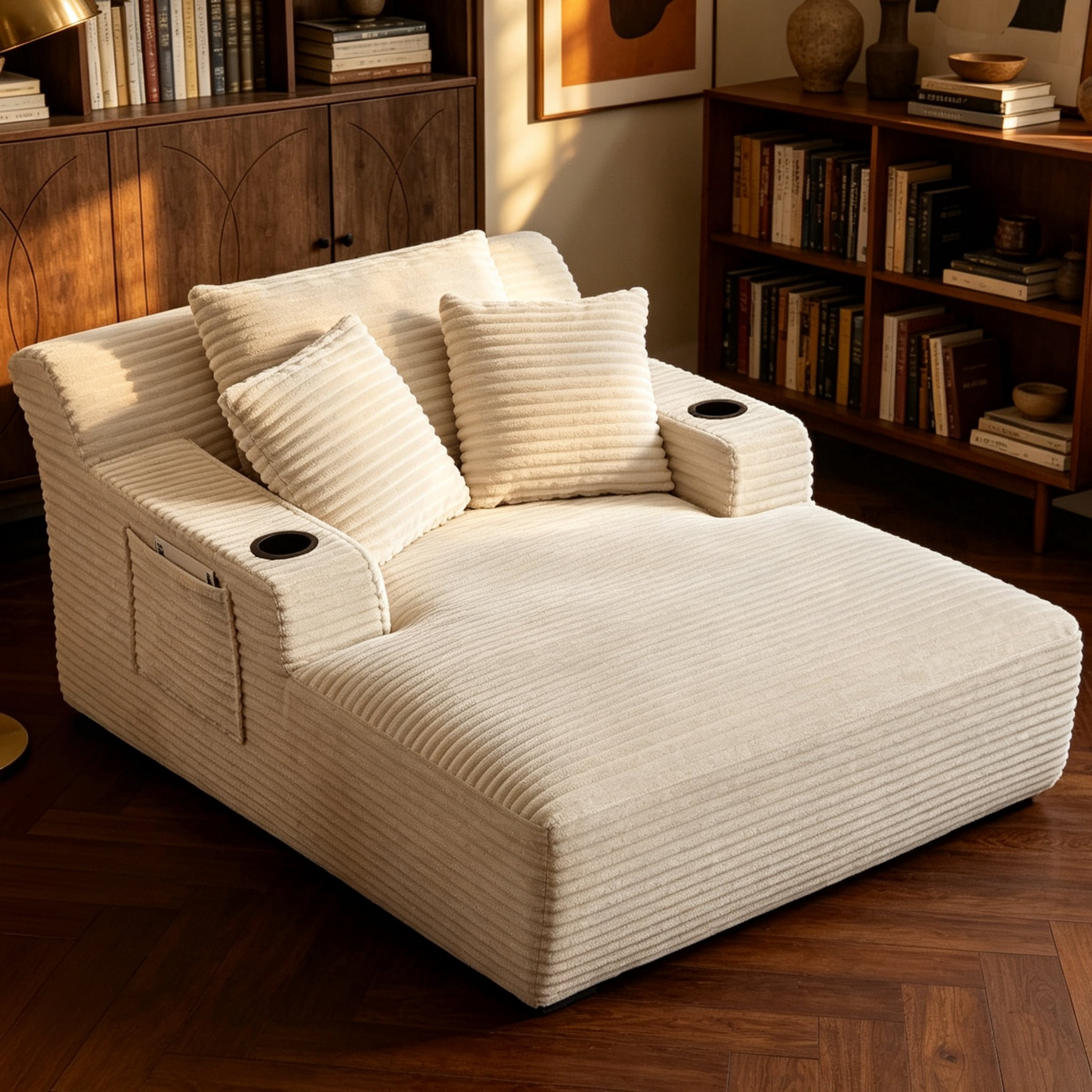 ShiKeyi 66'' Chaise Lounge Chair Indoor, Boneless Sofa Cloud, Plush Corduroy Chaise Couch with Cup Holders, Side Storage Pocket & Pillows, No Assembly Required, Beige
