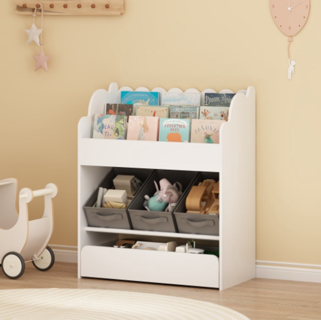 Kids Bookshelf with Storage Bins & Drawer, Wooden Book Organizer with 3 Fabric Bins, Front-Facing Bookcase & Toy Storage for Toddler Nursery, White