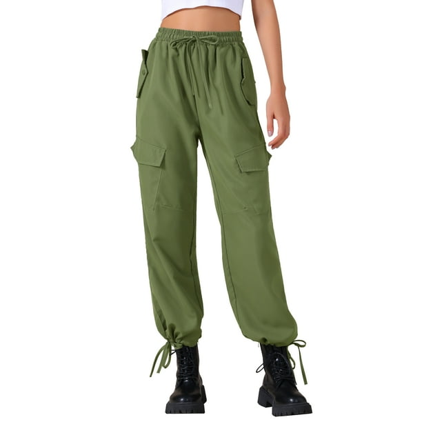 Pantalones Cargo Livianos de Cintura Alta con Cordón Elástico y Pierna Ancha con Bolsillos XL Verde