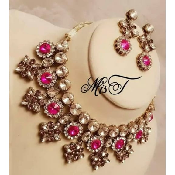 Traditional Hot Pink Kundan Choker Necklace Set with Earrings | Indian Bridal Jewelr