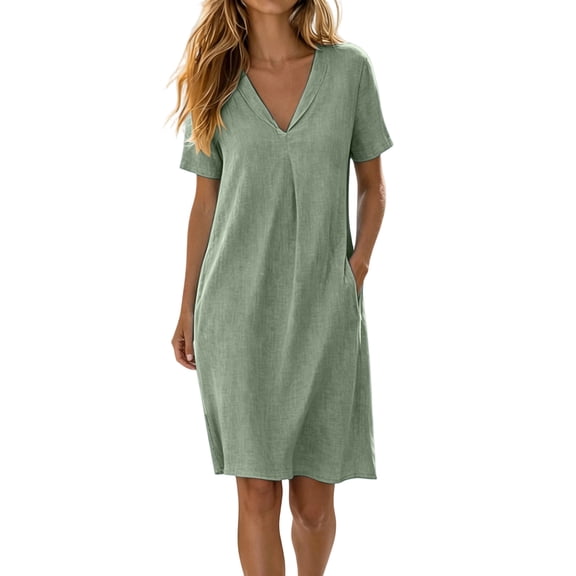Ruimatai Women's V-Neck Short Sleeve Loose Fit Casual Shift Midi Dresses with Pockets for Women Everyday & Vacation Wear