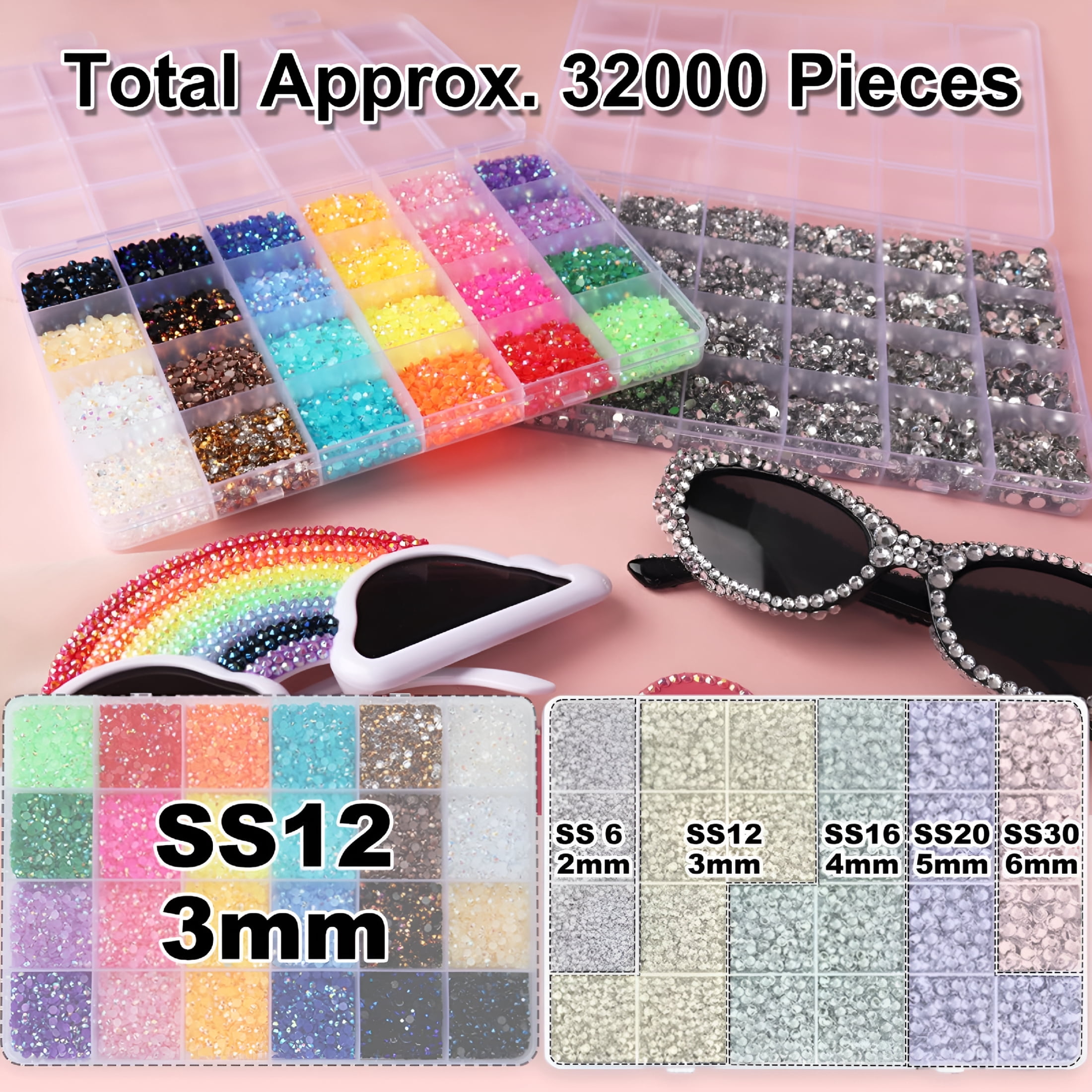 TUWAFE 2 Boxes Rhinestones for Bedazzling Kits, Multicolor 3Mm & Silver Clear 2/3/4/5/6Mm Resin Flatback Gems for Diamond Art, Bedazzler Kit with 3Pcs 10Ml Jewelry Glue for Diy Crafting Crafts Decor