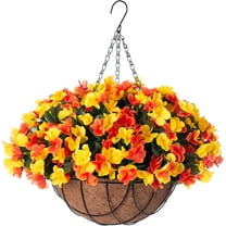 Artificial Hanging Flowers with 12" Basket for Outdoor Decor, Fake Hydrangea UV Resistant Arrangements in Pot Planter Spring Summer Decor for Indoor Porch Garden Yard(OrangeYellow)