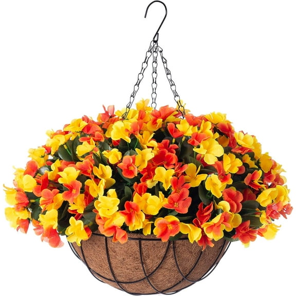 Artificial Hanging Flowers with 12" Basket for Outdoor Decor, Fake Hydrangea UV Resistant Arrangements in Pot Planter Spring Summer Decor for Indoor Porch Garden Yard(OrangeYellow)