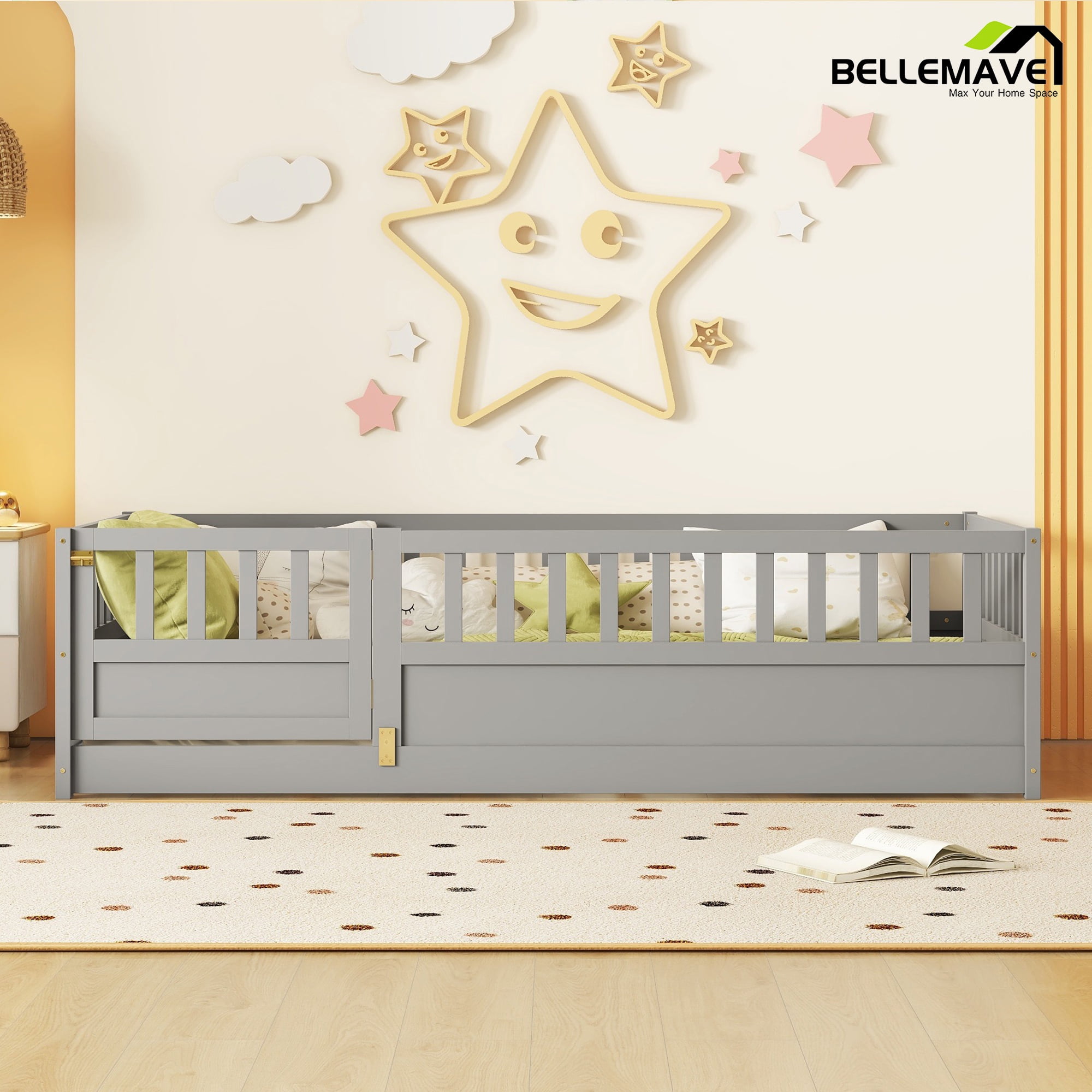 Bellemave Twin Size Floor Bed with Door and High Fence Guardrails Floor Bed without Bed Slats Wooden Floor Bed Montessori Bed Frame(Twin, Gray, Without Slats)