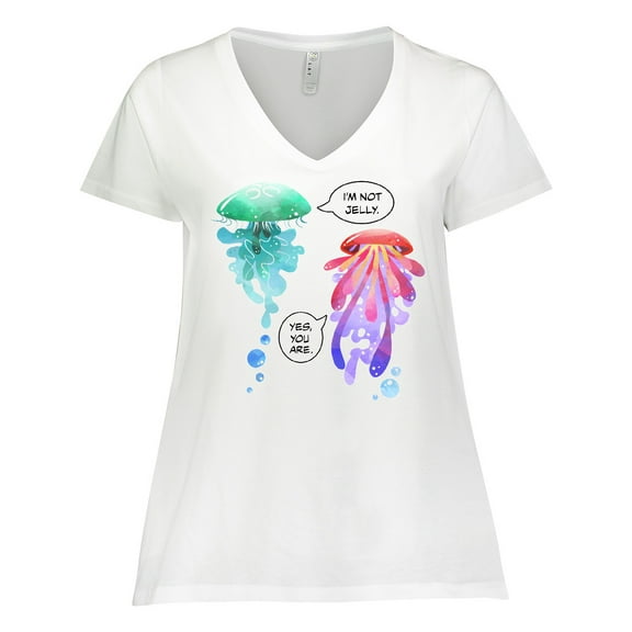Inktastic Funny I'm Not Jelly Jellyfish in Blue and Pink Women's Plus Size V-Neck T-Shirt