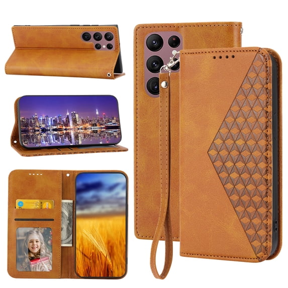 Case for Samsung Galaxy S23 Ultra, Magnetic Matte Premium PU Leather Stand Flip Cover with Card Slots and Wallet, Shockproof and Full Body Protection Compatible with S23 Ultra - Yellow