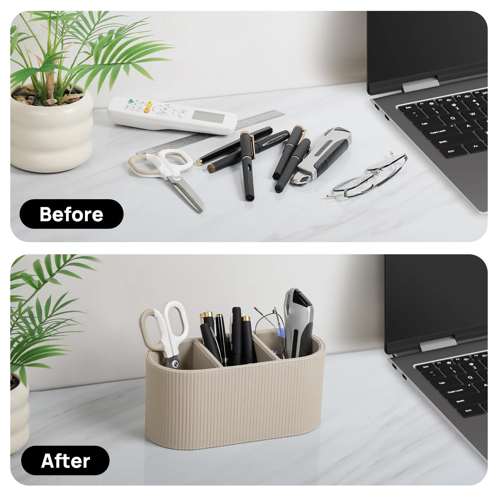 Aesthetic Remote Control Holder  Pu Leather Pen For Desk With 3 Compartments Home Office Supplies And Accessories Stylish Bedside Nightstand Desktop Organizer (beige)