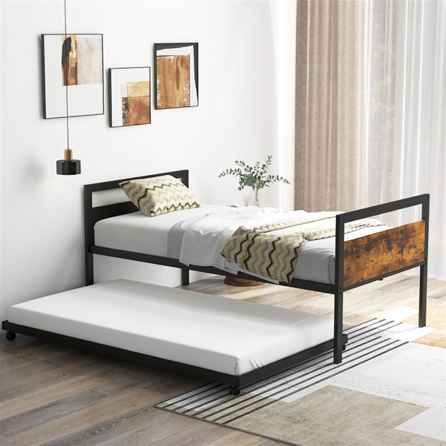 Demi Bonn Twin Size Metal Daybed with Trundle Lockable Wheels, Modern Bed Frame for Teens, Black