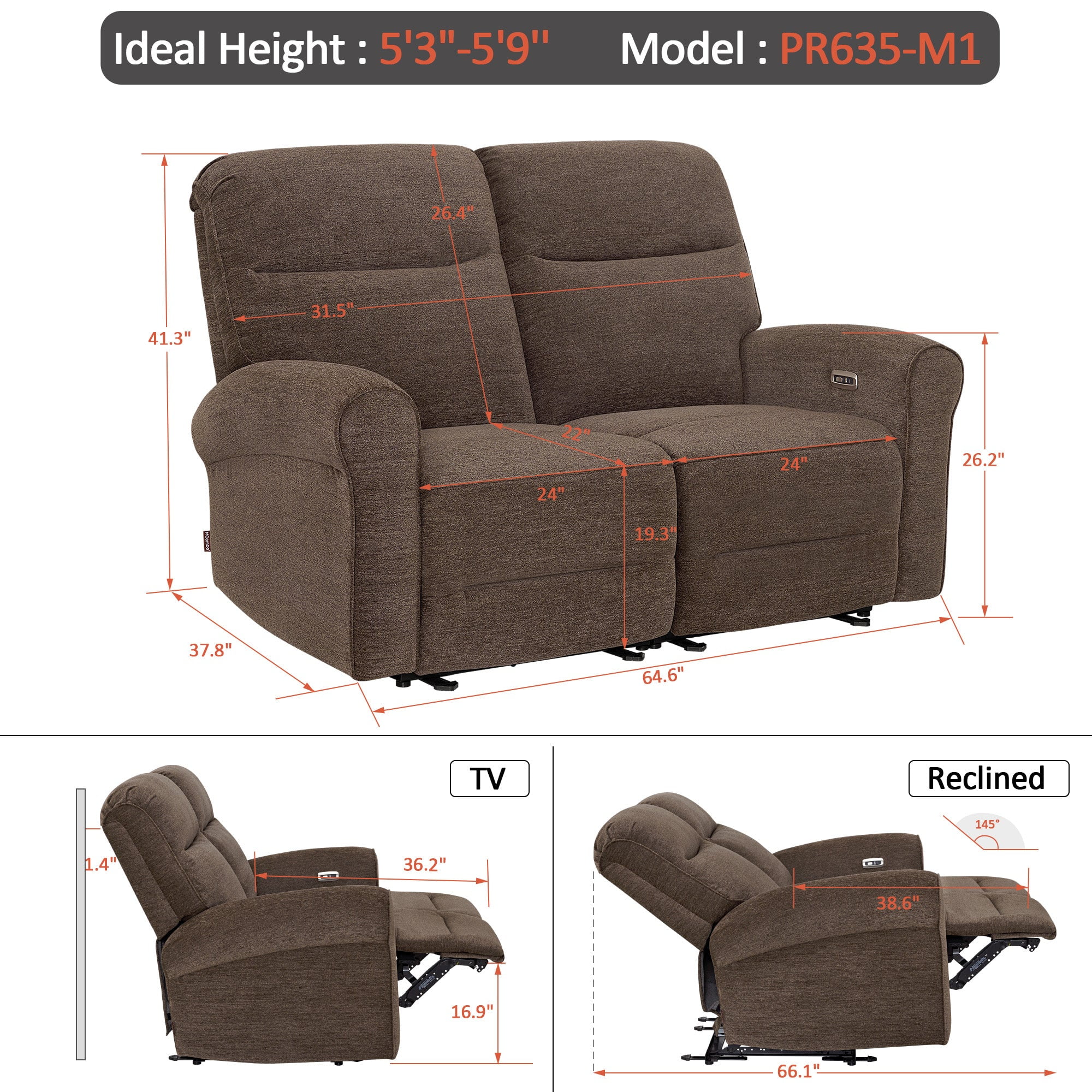 MCombo 64.6" Wall Hugger Power Loveseat Recliner Sofa with USB Ports, Reclining Loveseat for Small Spaces Living Room RV, Fabric PR635M1 (Brown)