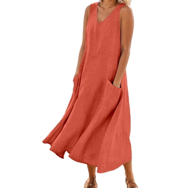 Vestido largo sin mangas con cuello en V y color liso para mujer: corte holgado, bolsillos, vestido informal cómodo para el día a día.