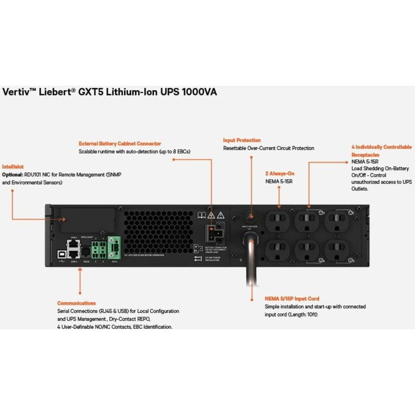 Vertiv Liebert GXT5 Lithium-Ion N Online UPS 1000VA/1000W 120V Tower/Rack UPS - RDU101 Network Card Included | Single-phase UPS | 1.0 Output Power Factor | Lowest TCO | full-color LCD Interface| 5-...