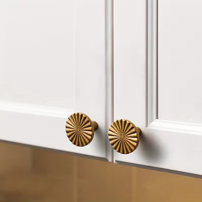 Antique Brass Cabinet Knobs - 4pcs Retro Flat Sunburst Design Pulls for Kitchen Cabinets and Bathroom Vanities