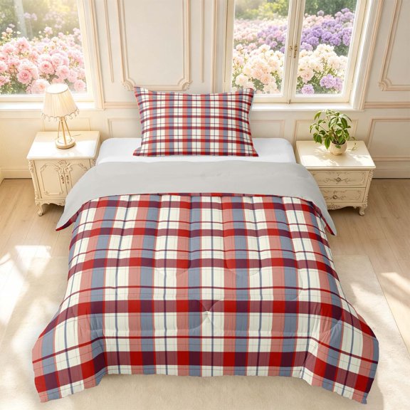 Manfei Vintage Grid Twin Comforter Sets,Modern Check Bedding Set,Red White Blue,Light Gray Reversible,2pcs,1 Comforter and 1 Pillowcase,2pcs,1 Comforter and 1 Pillowcase