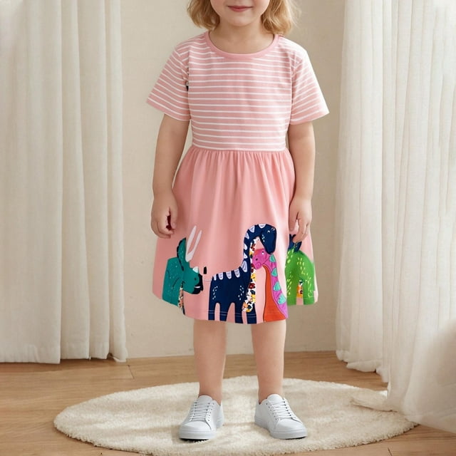LOVZFMLL Toddler Kids Cute Solid Color Print Short Sleeve Stretchy Dress A Line Dress